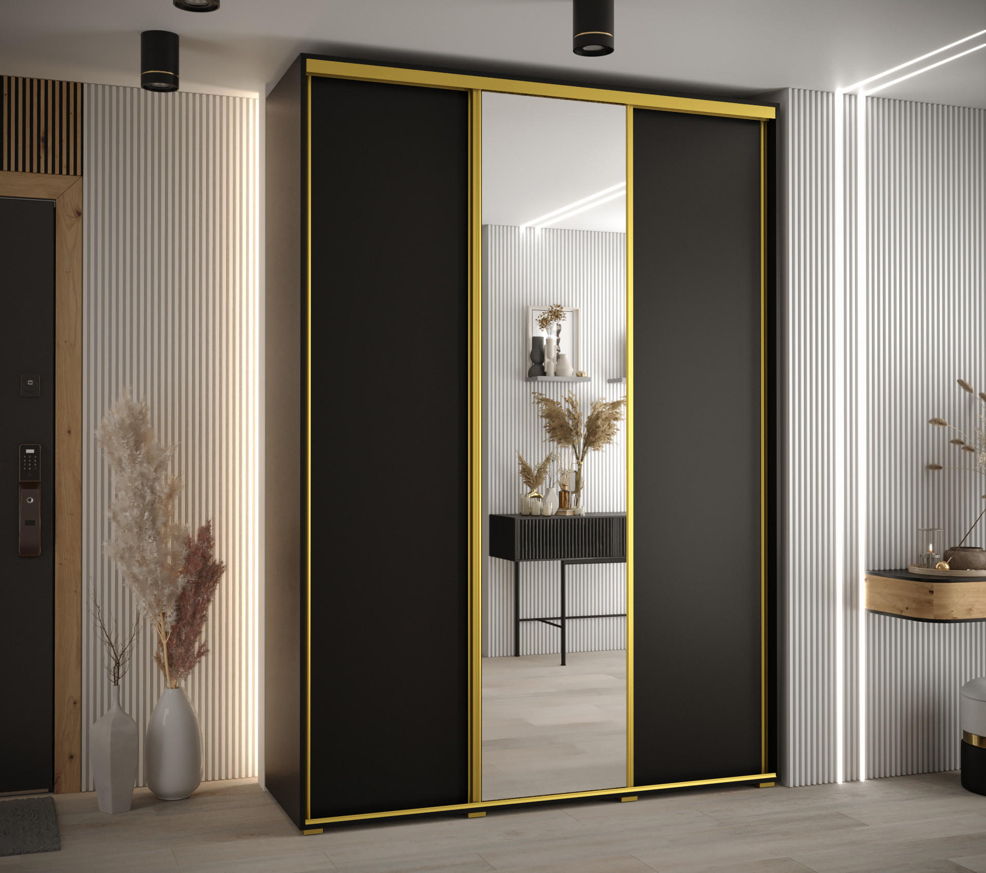 SCHWEBETÜRENSCHRANK 235,2/170/60 3-türig - Goldfarben/Schwarz, Holz/Metall (170/235/60cm) - Abiks Möbel