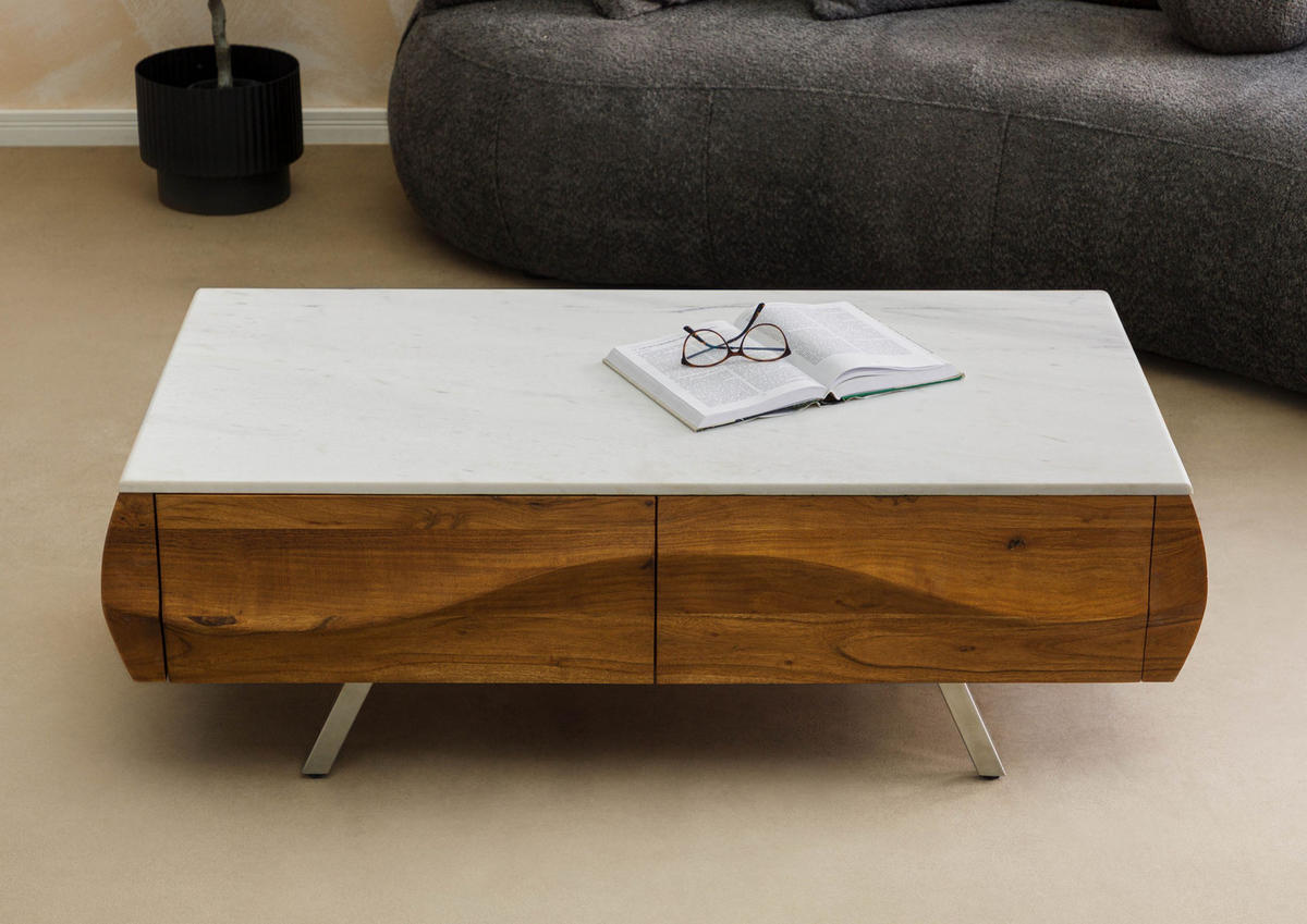 COUCHTISCH Akazie 124x60x40 natur lackiert / Marmor weiß MONTREAL #130 - Braun, Holzwerkstoff (124/60/40cm) - Massivmoebel24