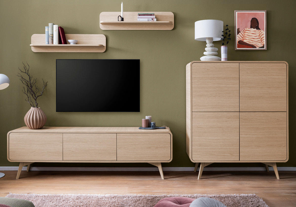 WOHNWAND Eiche natur 4-teilig 308 cm, Wohnkombination mit Push-to-Open - Eichefarben, Holz/Holzwerkstoff (308/170/39cm) - Furn.Design