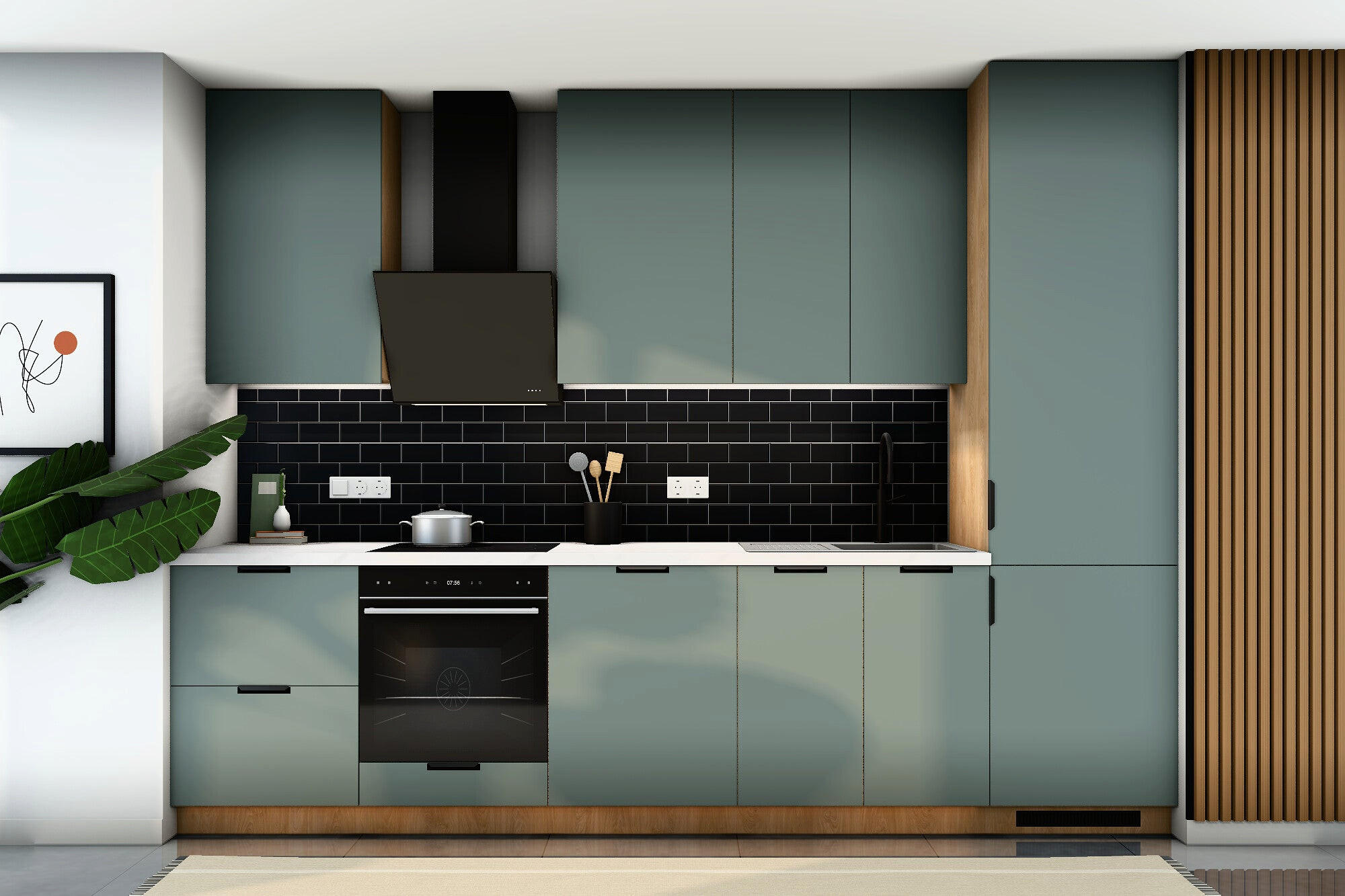 KÜCHENZEILE Sorento Grün & Sonoma Eiche – 320 cm – KÜ-SORENTO3-001 - Grün, Holzwerkstoff (320/247/58cm) - ROYAL24_MARKT