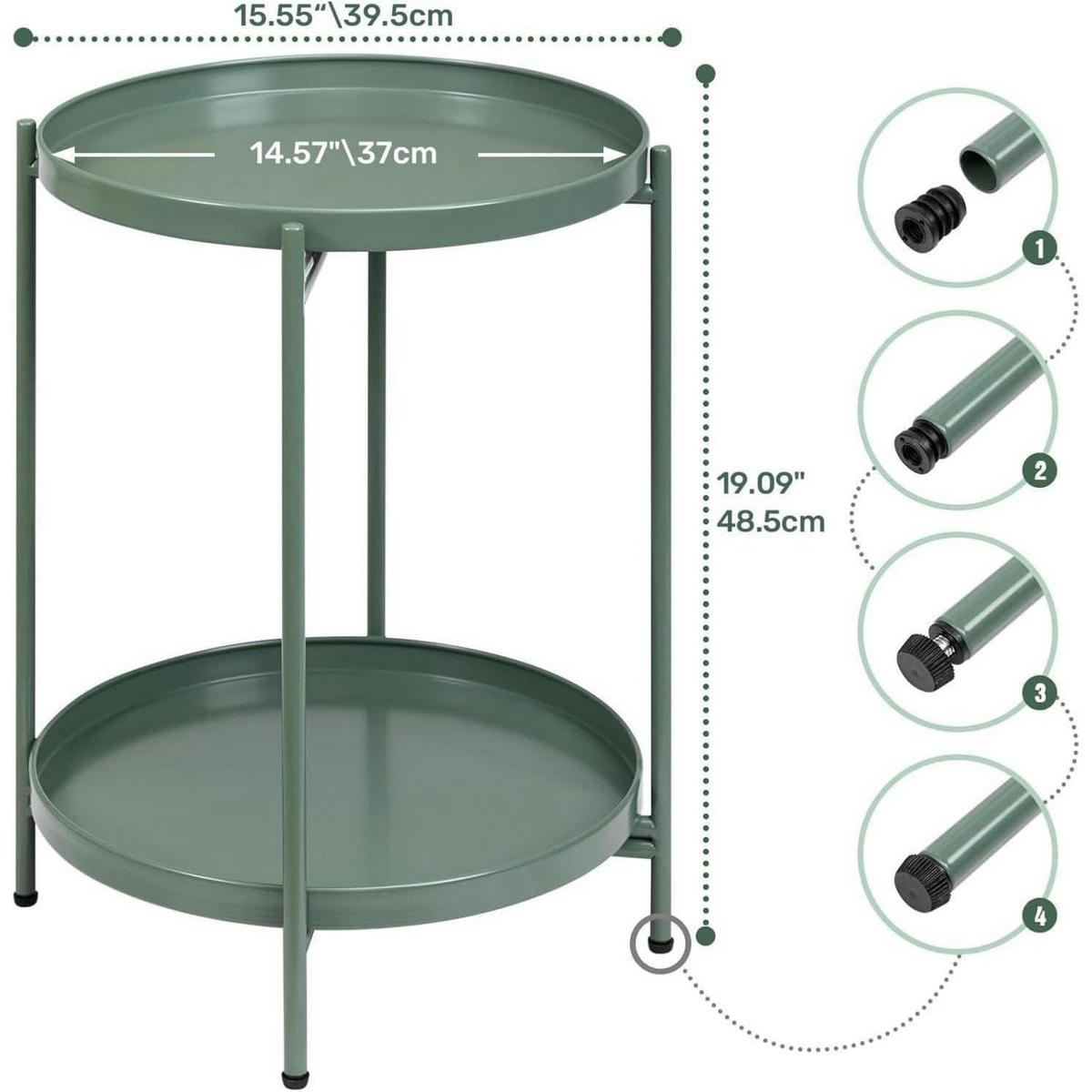 BEISTELLTISCH Rund Metall Gras Grün 37 x 48.5 cm - Grün, Metall (37/37/50cm)
