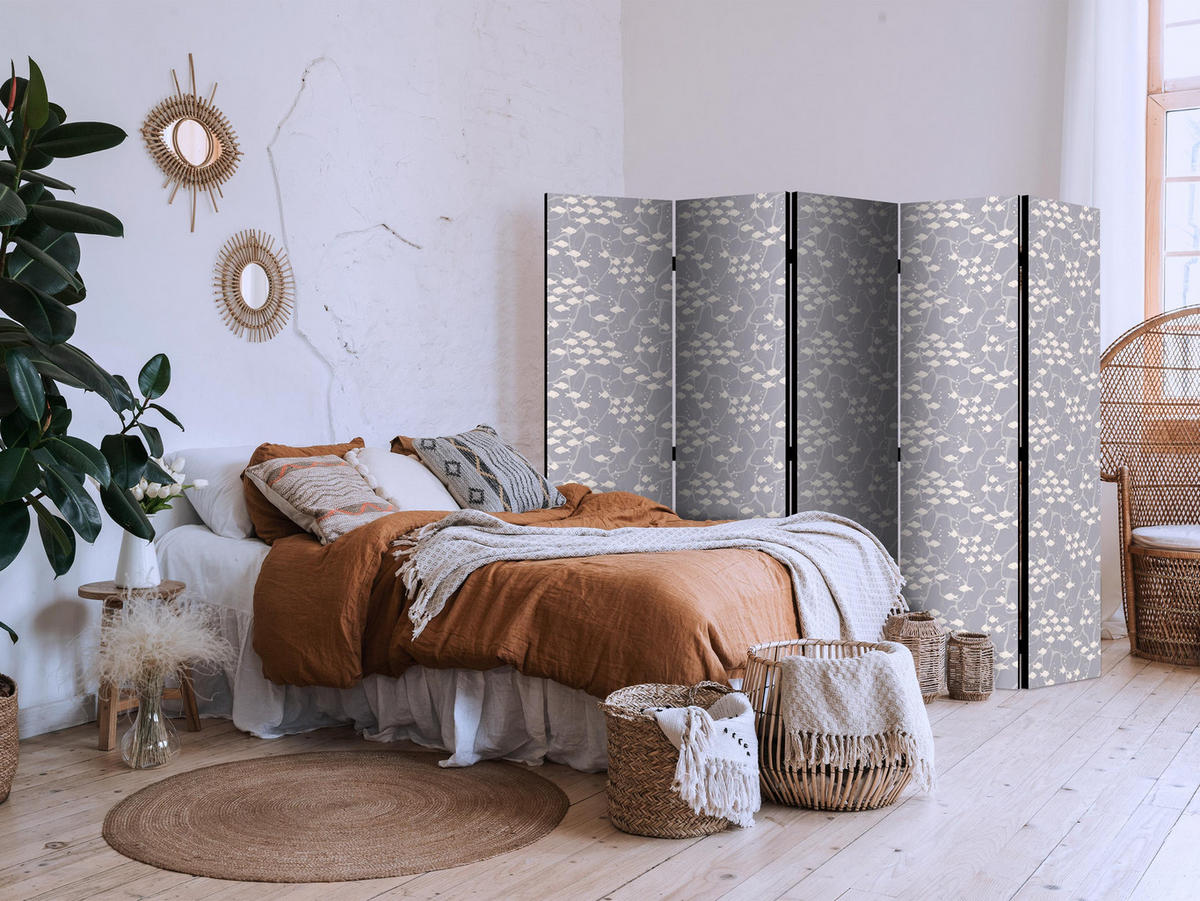 PARAVENT Beidseitig Bedruckter 5-tlg 225x172 cm Fischschwarm Boho - Grau, Holz/Textil (225/172/3cm) - Muralo
