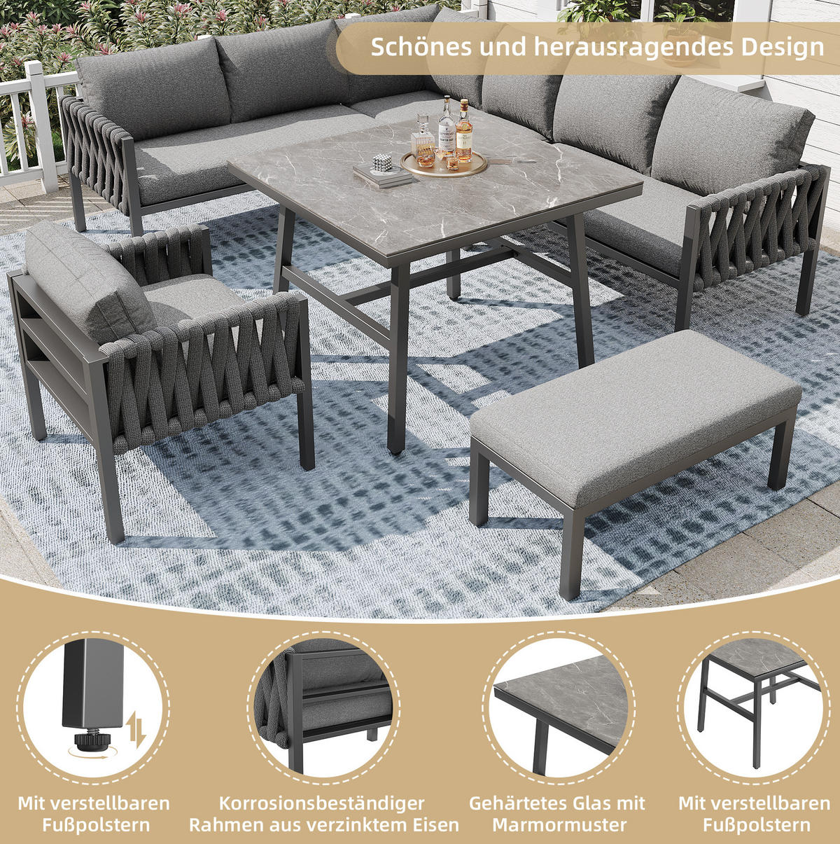 GARTENMÖBEL-SET mit Metallgestell & Glas-Tisch, Ecksofa, verstellbare Füße, 238/61/78 cm, Grau - Grau, Metall - Redom