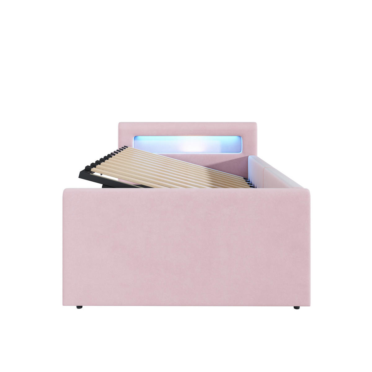 KINDEREINZELBETTEN aus Samtstoff 90x200 cm in Rosa mit LED, USB & Stauraum - Rosa, Textil (90/200cm) - Modfu