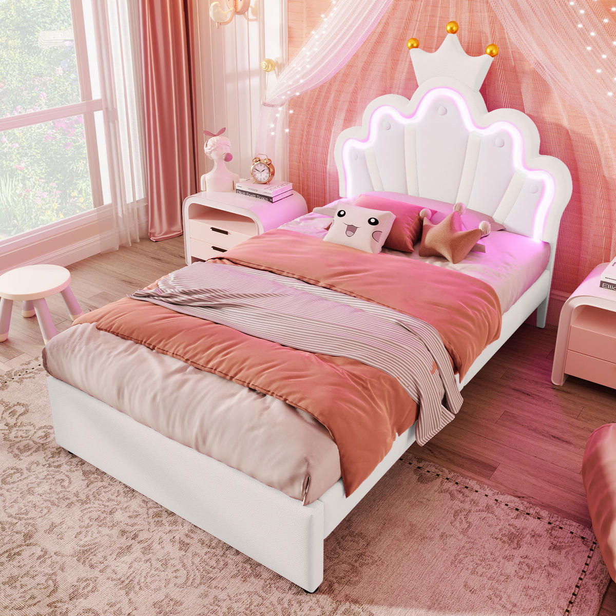 POLSTERBETT 90x200cm Weiß PU Fernbedienung Kronenform 2 Schubladen - Weiß, Holz (90/200cm) - FLIEKS