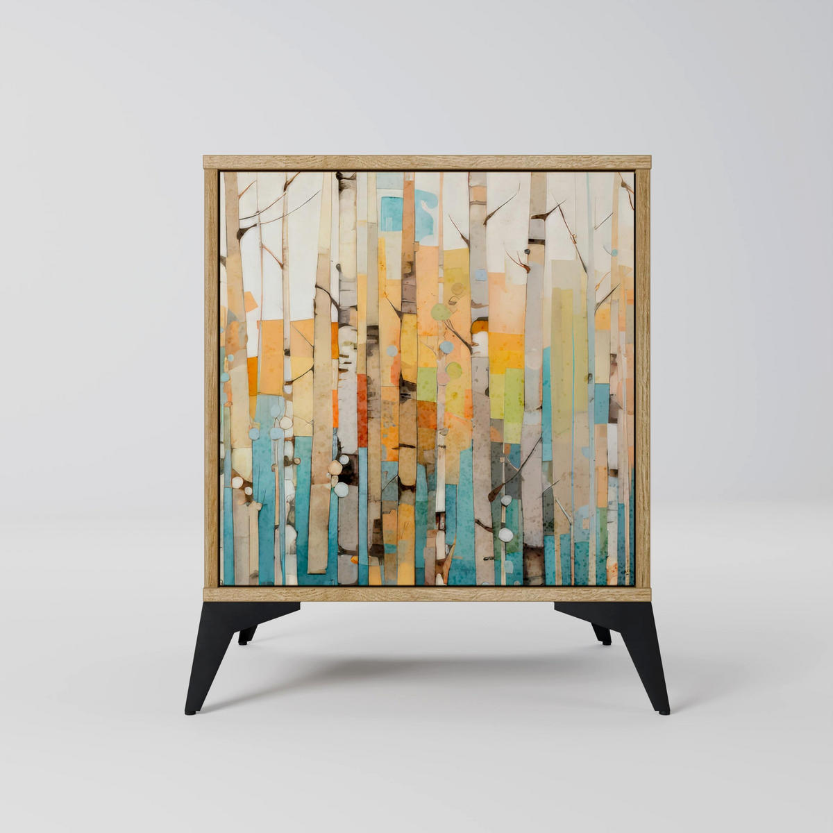 SIDEBOARD BIRCH KALEIDOSCOPE, Eichefarben, 57,5x42x72,5 cm, Schwarze Metallfüße - Eichefarben/Multicolor, Holzwerkstoff/Metall (57.5/72.5/42cm) - SpaceRebels