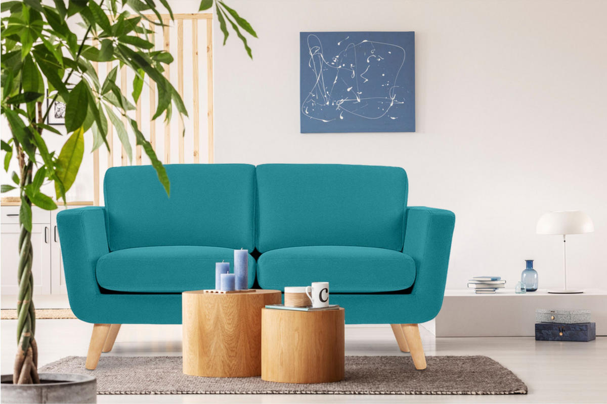 SOFA TAGIO mit Armlehnen, Türkisblau - Türkis/Braun, Buchenholz/Textil (153/80/84cm) - KONSIMO®