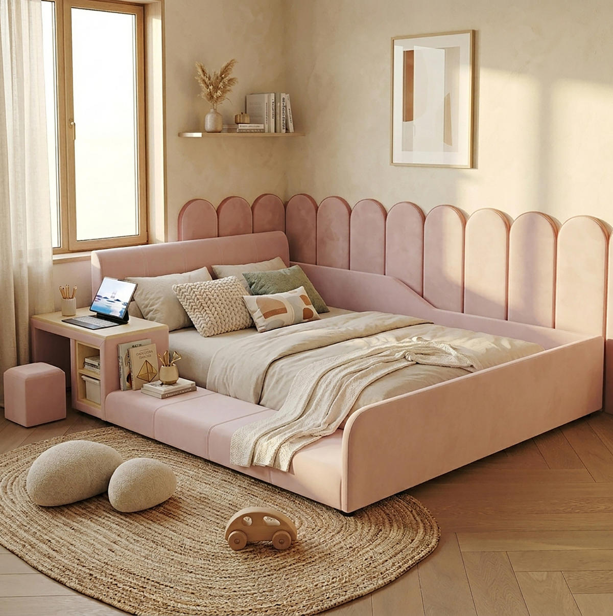 KINDERPOLSTERBETT 140x200 cm in Pink mit Schreibtisch, Hocker und Ablageboden - Pink, Textil (140/200cm) - IVMEU