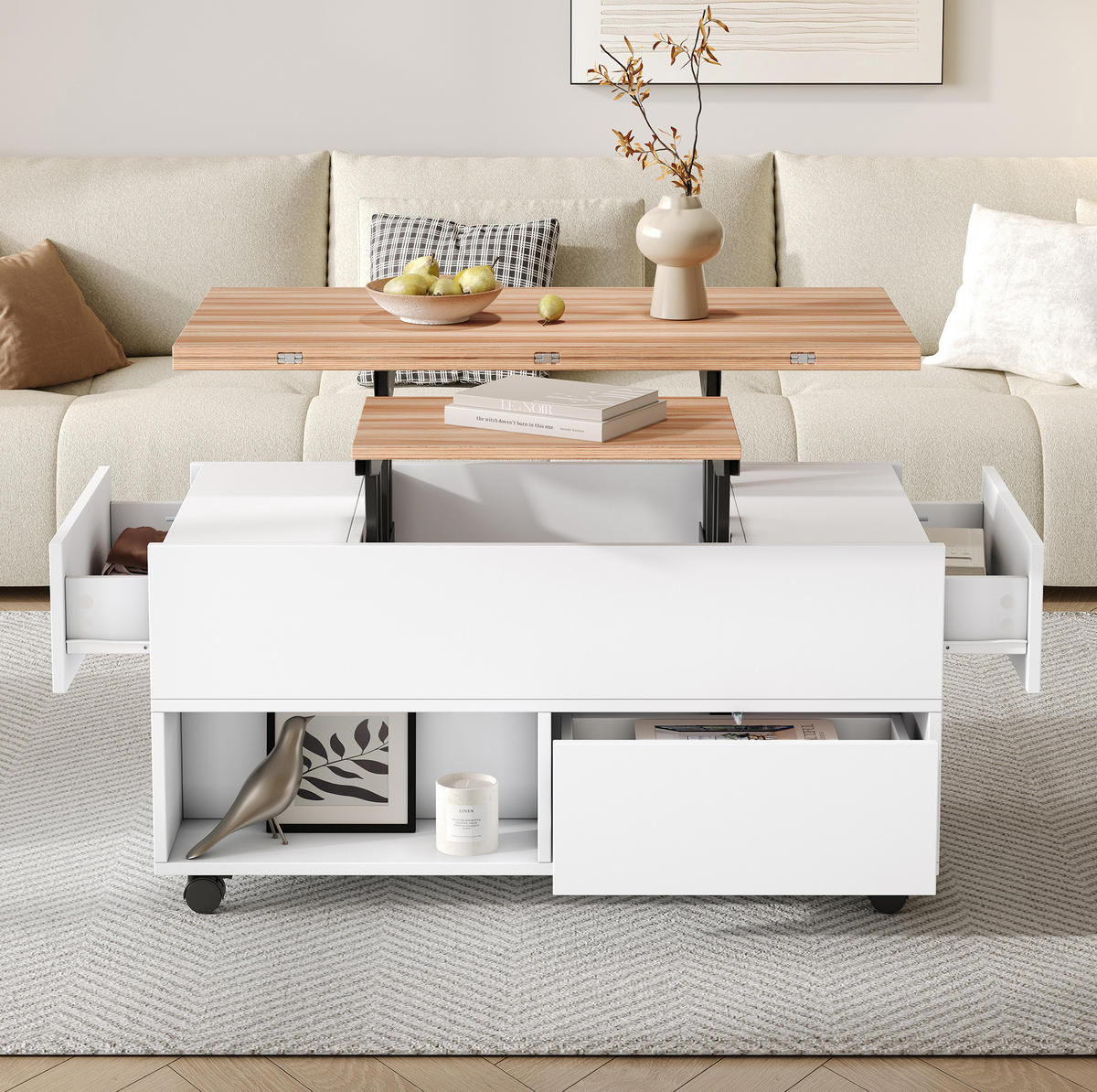 COUCHTISCH 100/50/52 cm Weiß/Holzfarbe aus Spanplatte mit anhebbarer Tischplatte - Weiß, Holzwerkstoff (100/50/52cm) - OKMYHOME