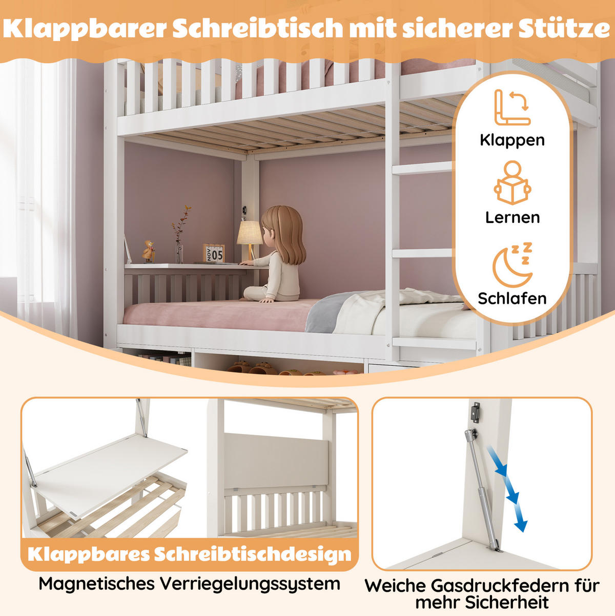 ETAGENBETT aus Kiefernholz, MDF und Sperrholz 90x200 cm Weiß mit klappbarem Tisch, Schuhregal und Stauraum - Weiß, Holzwerkstoff (90/200cm) - Modfu