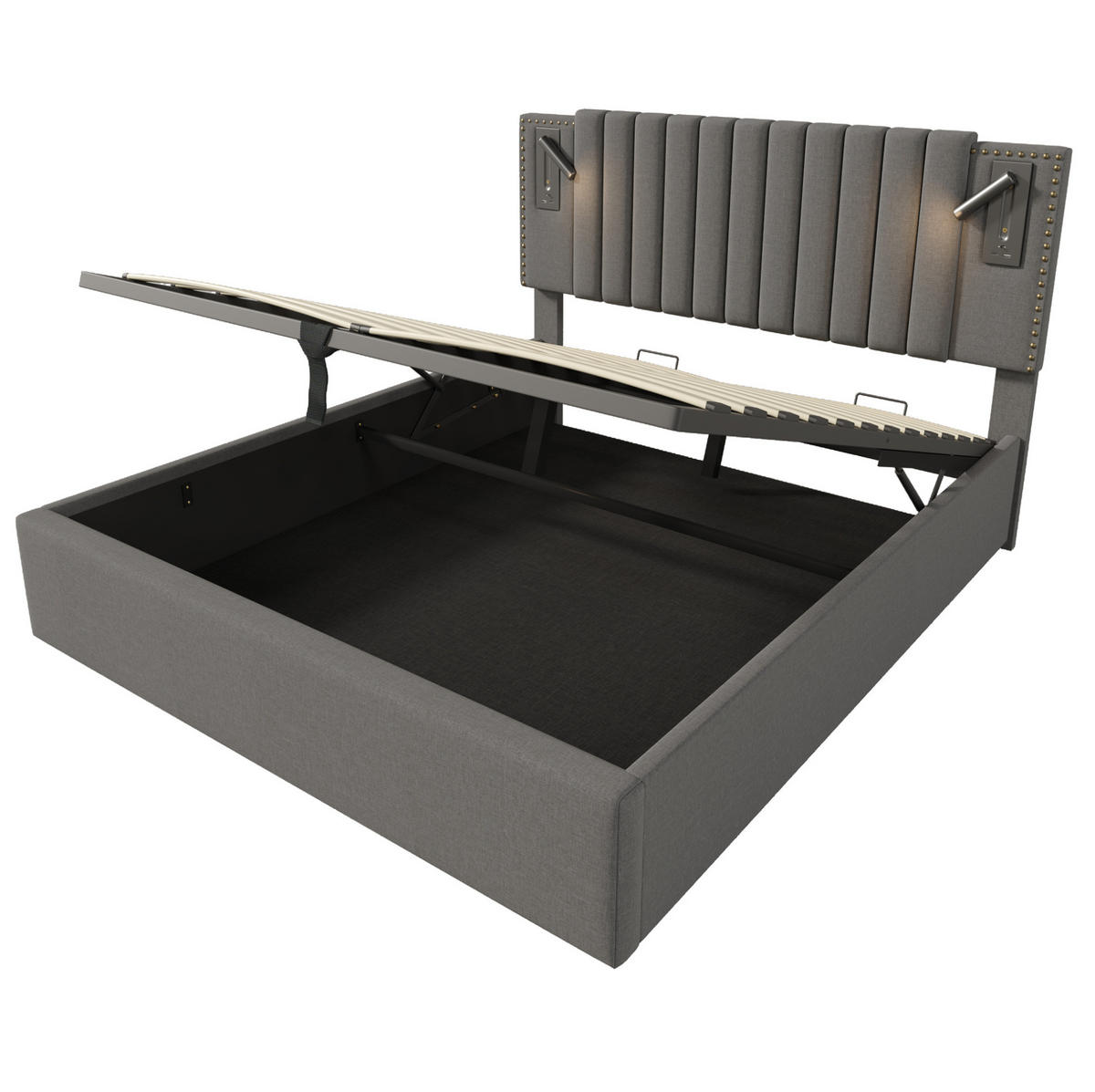 POLSTERBETT 140/200 cm aus Baumwolle mit Bettkasten, Matratze, Leselicht, USB- und USB-C-Anschlüssen, höhenverstellbarem Kopfteil, Grau - Grau, Textil (140/200cm) - Redom