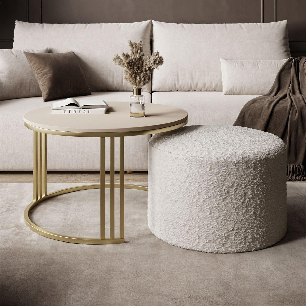 COUCHTISCH mit Hocker LORI MAT gebürstetes Gold/Kaschmir matt/Coral 65 - Kaschmir, Metall (70/70/49cm) - Lookway