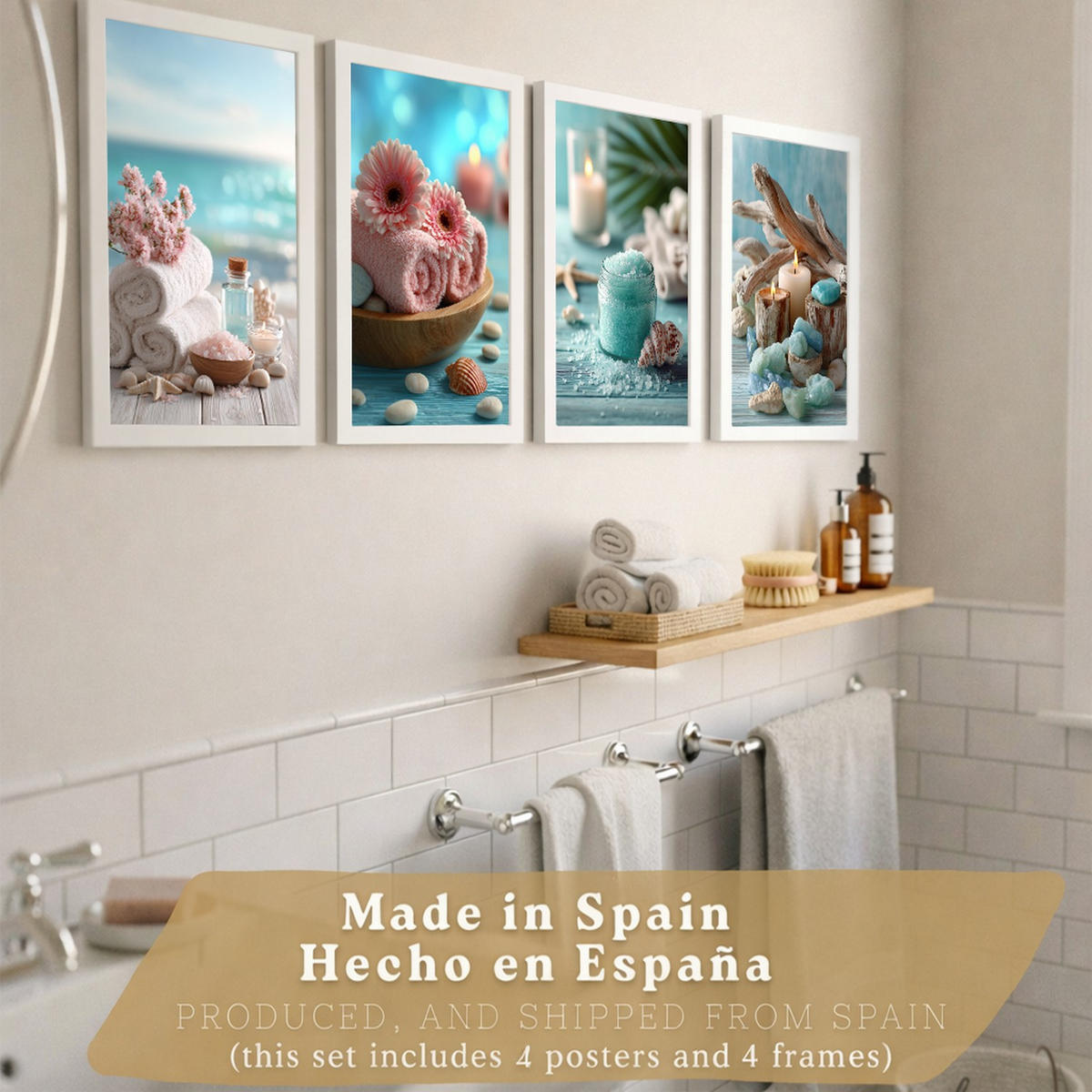 POSTER 4er-Set Badezimmer-Wandposter, Strand-Spa-Poster für Waschbecken, Dusche, WC mit Muscheln, Kerzen, Handtüchern und Meersalz Weißer Rahmen A4 - Weiß, Papier (29.7/21/3cm) - Nacnic