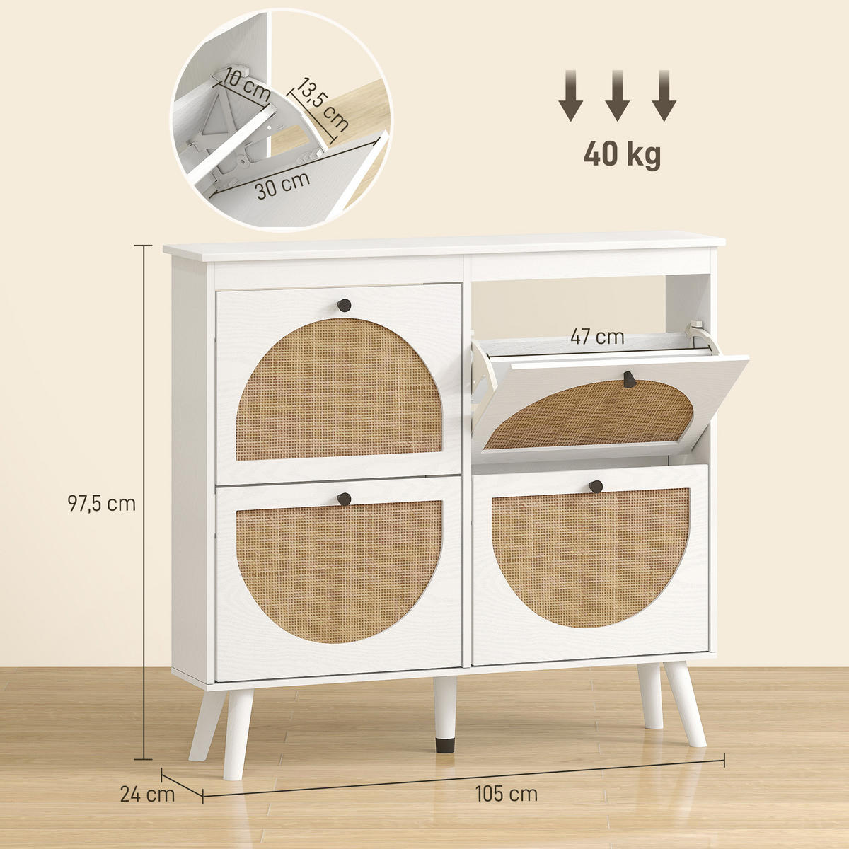 SCHUHSCHRANK DE-15022 4 Klapptüren in Rattan-Optik Weiß - Weiß, Holzwerkstoff (105/97.5/24cm) - ComfortXL