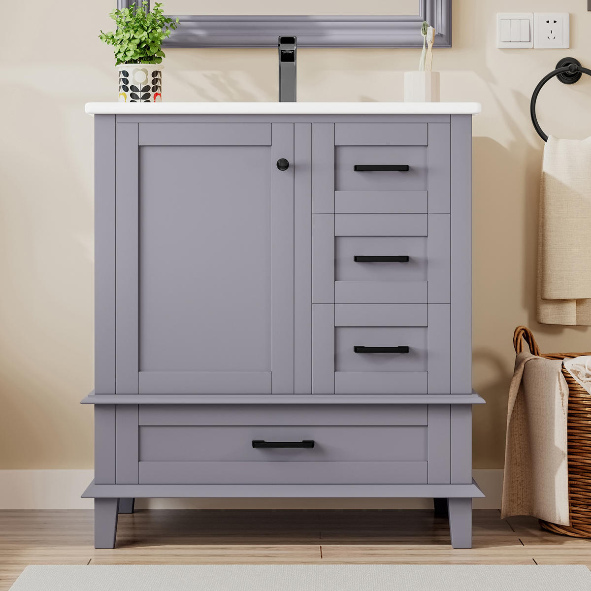 WASCHTISCHKOMBI 76/46/83,5 cm Grau aus Keramik und MDF mit integriertem Keramikwaschbecken - Grau, Holzwerkstoff (76/83.5/46cm) - OKMYHOME