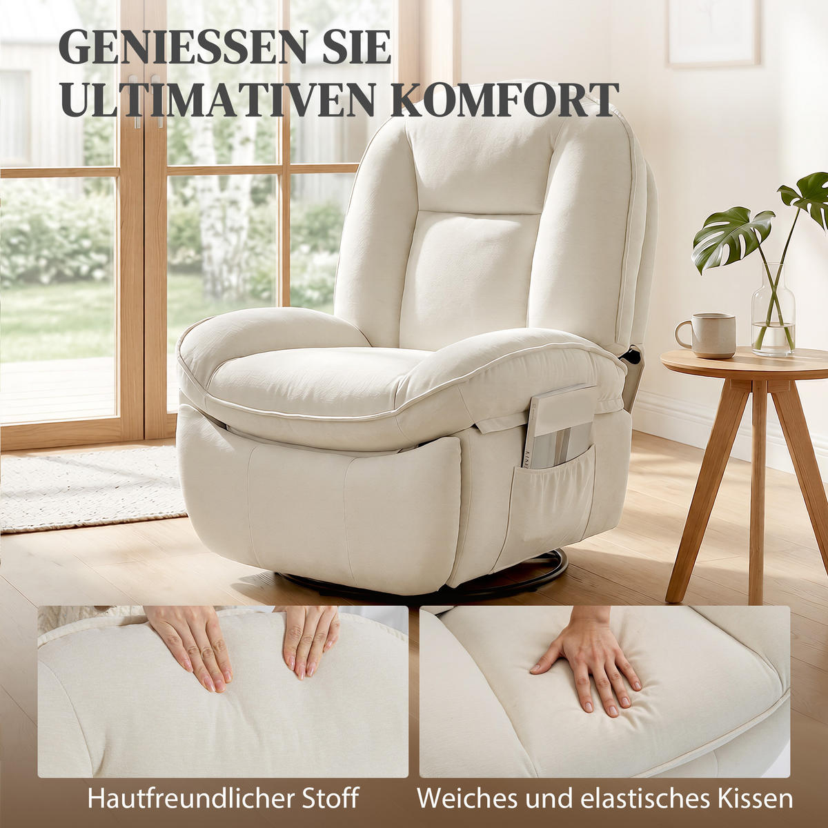 RELAXSESSEL Polyester Schaumstoff Cremeweiß - Creme/Schwarz, Holzwerkstoff/Textil (91/104/93cm) - HOMCOM