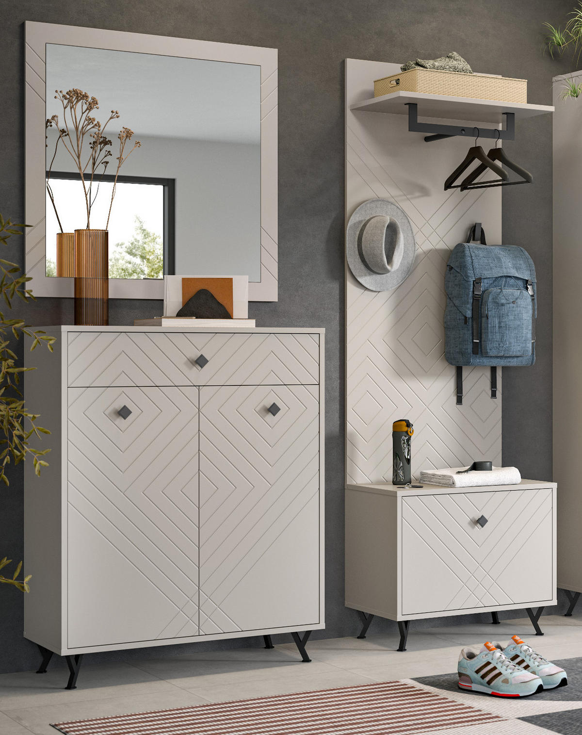 GARDEROBE Set 4-teilig Sand matt 155 cm, Garderobenkombination mit Fräsungen - Sandfarben/Beige, Glas/Holzwerkstoff (155/190/35cm) - Inn.Furn