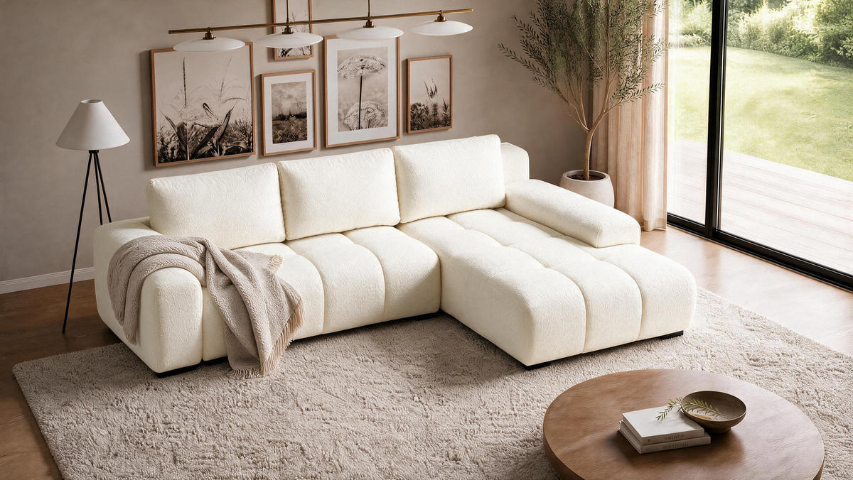 ECKSOFA Ovia mit Bettkasten und Schlaffunktion, Bouclé-Stoff in L-Form - Beige, Textil (270/185cm)
