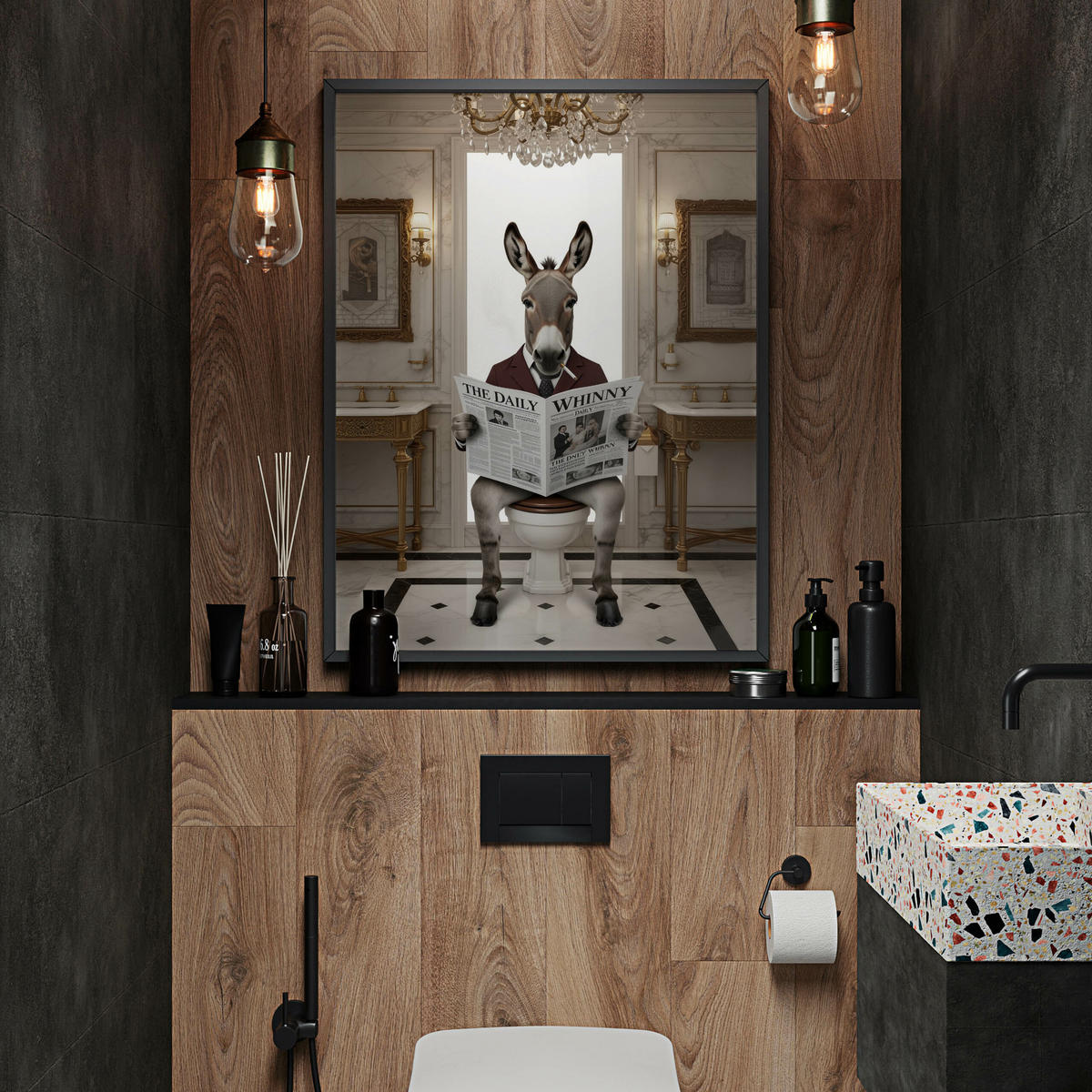 POSTER für Badezimmer WC ESEL im Anzug auf Toilette mit Zeitung Glamour 50x70cm - Beige/Schwarz, Papier (50/70/70cm) - Muralo