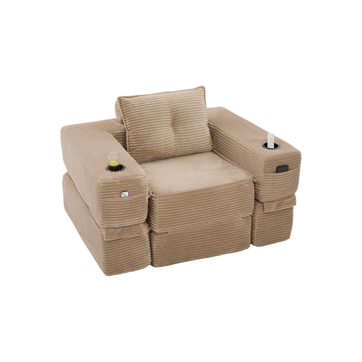 SCHLAFSOFA DE-33602 mit Federkern und Getränkehalter Khaki - Hellbraun, Textil (122/80/98cm) - ComfortXL