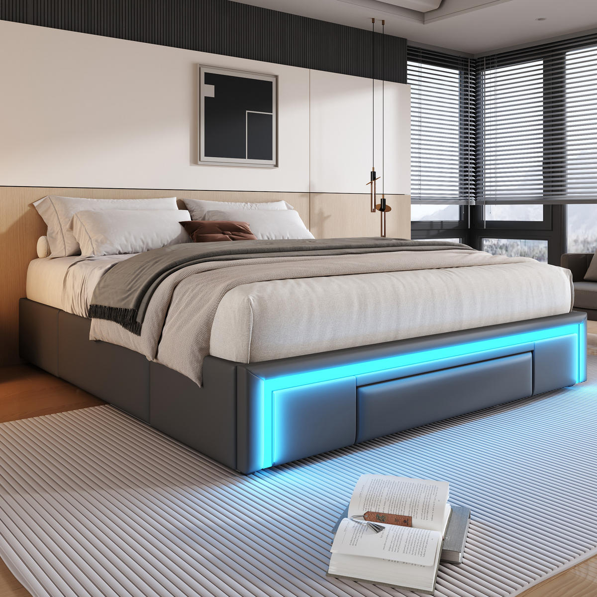 BETTGESTELL 160/200 cm grau mit Schubladen und LED-Lichtleiste - Grau, Kunststoff (160/200cm) - OKWISH