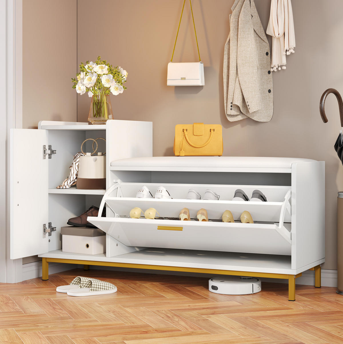 SCHUHSCHRANK aus Spanplatte 100x38x68cm in Weiß mit Sitzkissen - Weiß, Holzwerkstoff (100/68/38cm) - Modfu