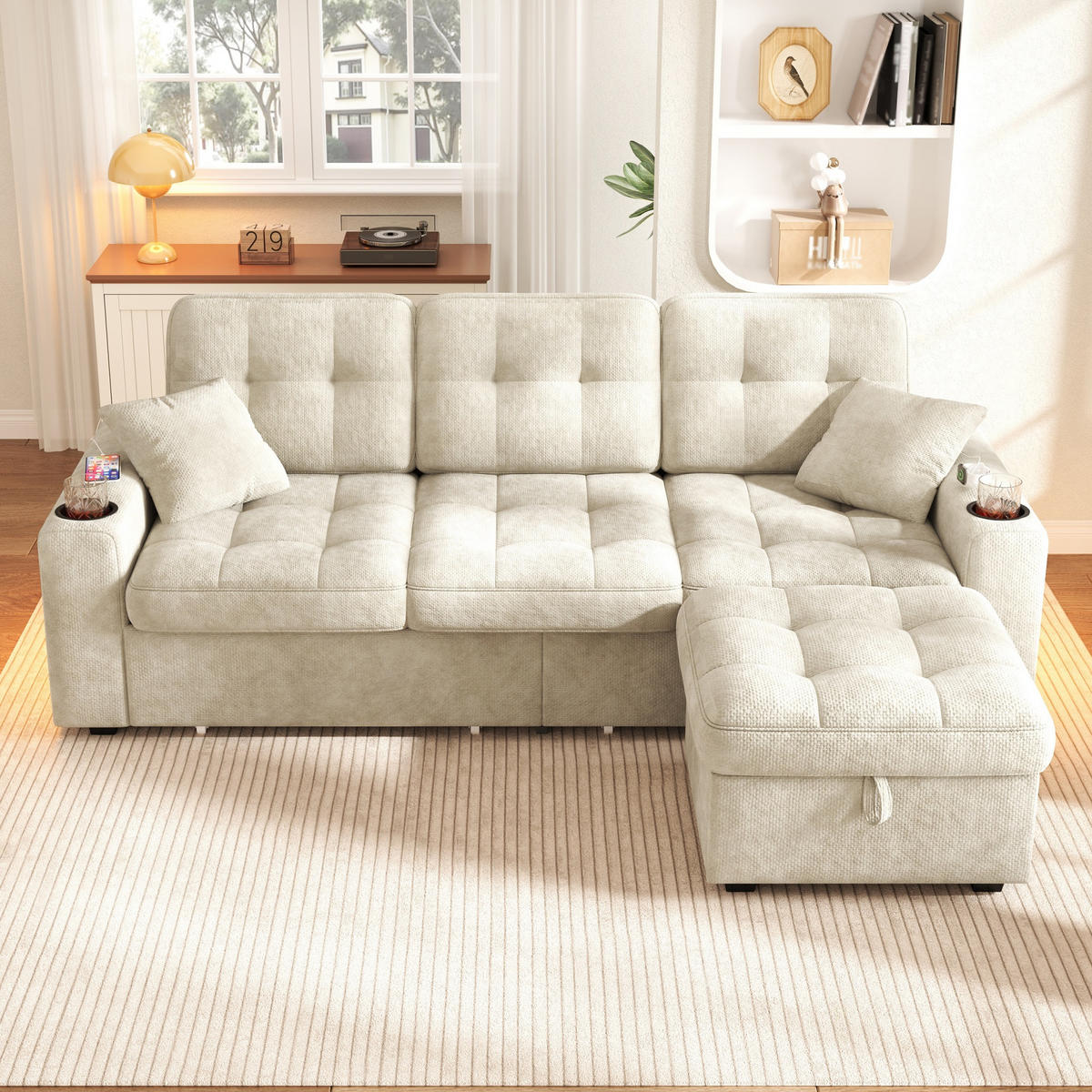 BIGSOFA mit Stauraum-Hocker, USB-C, LED, Becherhaltern und Schubladen aus Chenille - Beige, Textil (194.5/83/133cm) - EVRYAE
