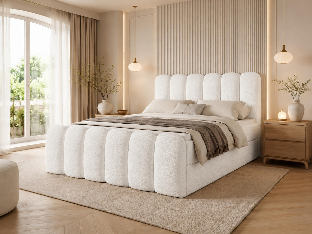 BOXBETT CUDDLE 140x200 cm in Weiß, Bettkasten, Topper, Bouclé-Stoff - Weiß, Holz/Textil (140/200cm) - EMLAR Home