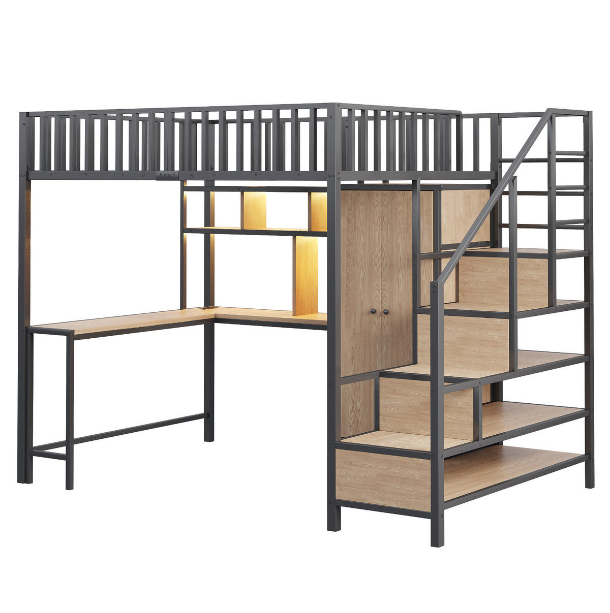 HOCHBETT 140/200 cm in Schwarz mit Schreibtisch, Kleiderschrank und LED-Beleuchtung - Schwarz, Metall (140/200cm) - Flora Grace