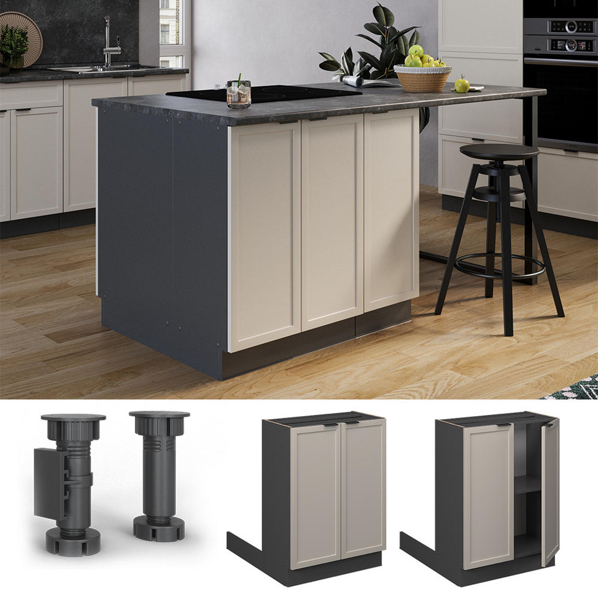 KÜCHENINSEL Fame-Line GrauBeige 60 cm ohne AP - Anthrazit/Grau, Holzwerkstoff (60/82/70cm) - Vicco