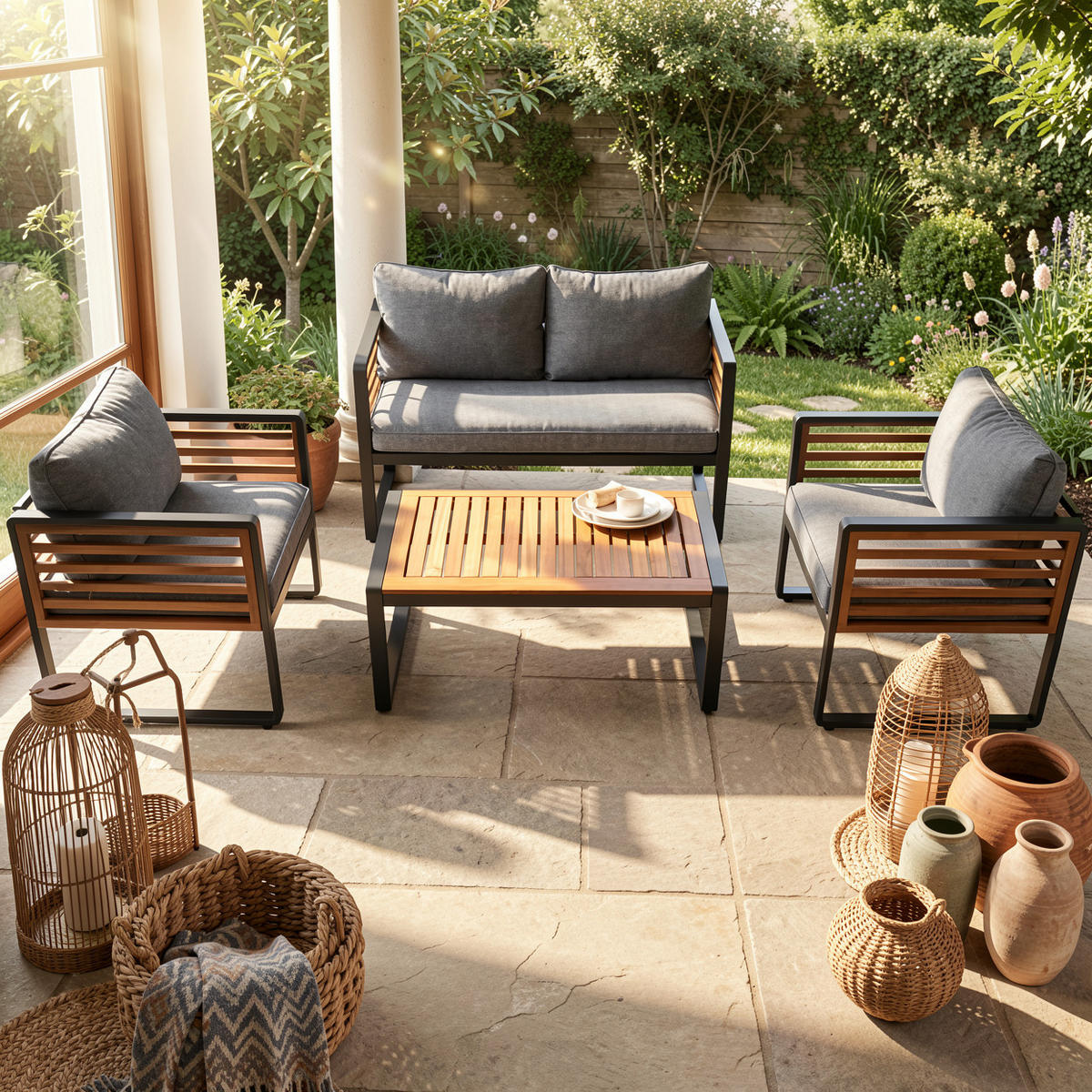 LOUNGEGARNITUR 4-tlg. Eisen & Akazie Grau Gartensofa mit Tisch, 2 Sesseln & Kissen - Grau, Metall - Urban Meuble
