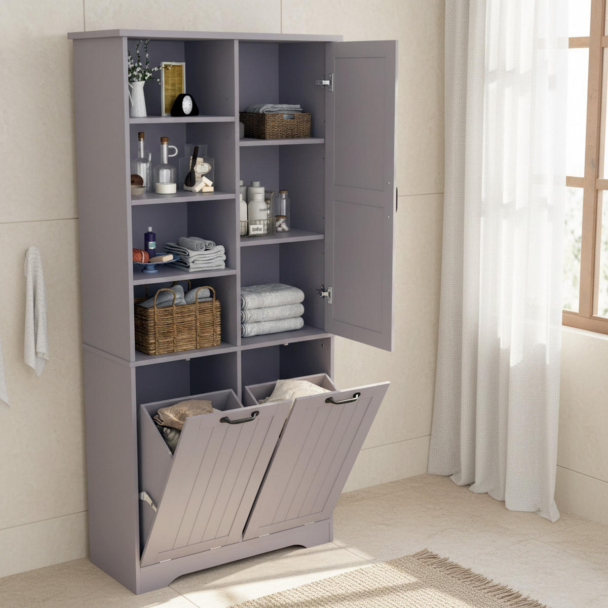 HOCHSCHRANK (Bad) Grau mit Doppel-Wäschekorb - Grau, Holzwerkstoff (78/172.7/35cm) - Urban Meuble