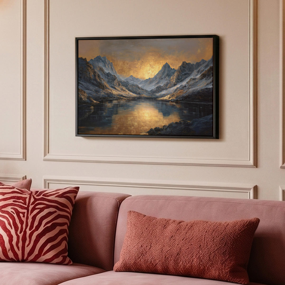 LEINWAND Bilder mit Rahmen - Bergkulisse mit goldenem Sonnenuntergang - 60x40 - Goldfarben, Textil (60/40cm) - MuchoWow