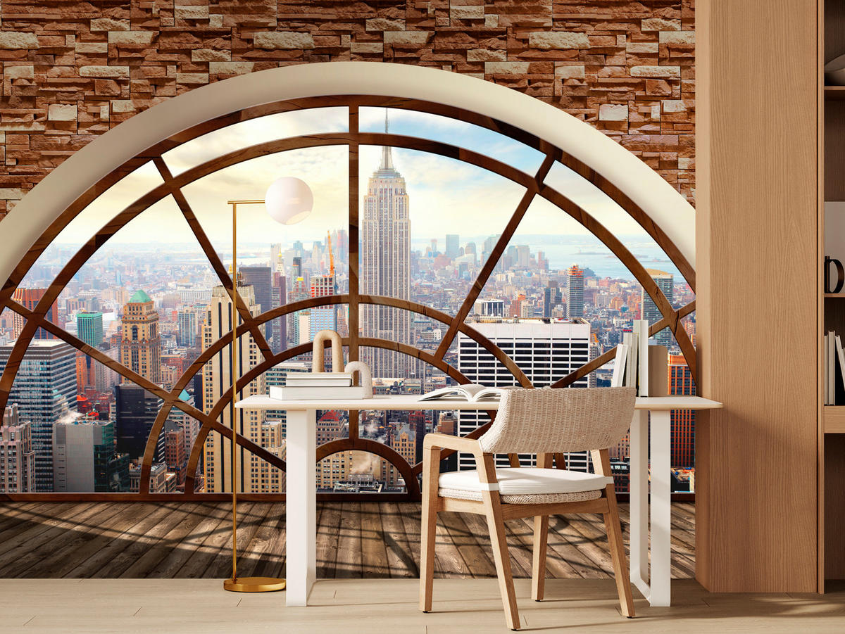 FOTOTAPETE für Wohnzimmer New York Fensterblick Panorama Stadt 250x175 - Beige/Braun, Papier (250/175cm) - Muralo