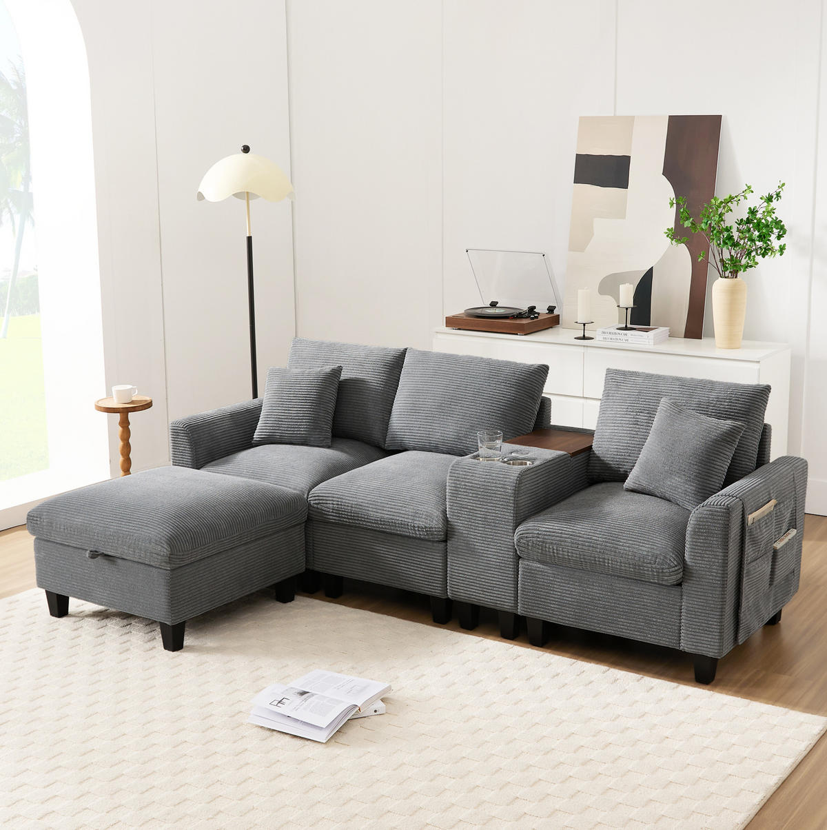 WOHNLANDSCHAFT aus Cord 229x149,5x83 cm Grau mit USB-Anschlüssen, Mittelkonsole, Becherhaltern und Stauraumhocker - Grau, Textil (149.5/229cm) - Modfu