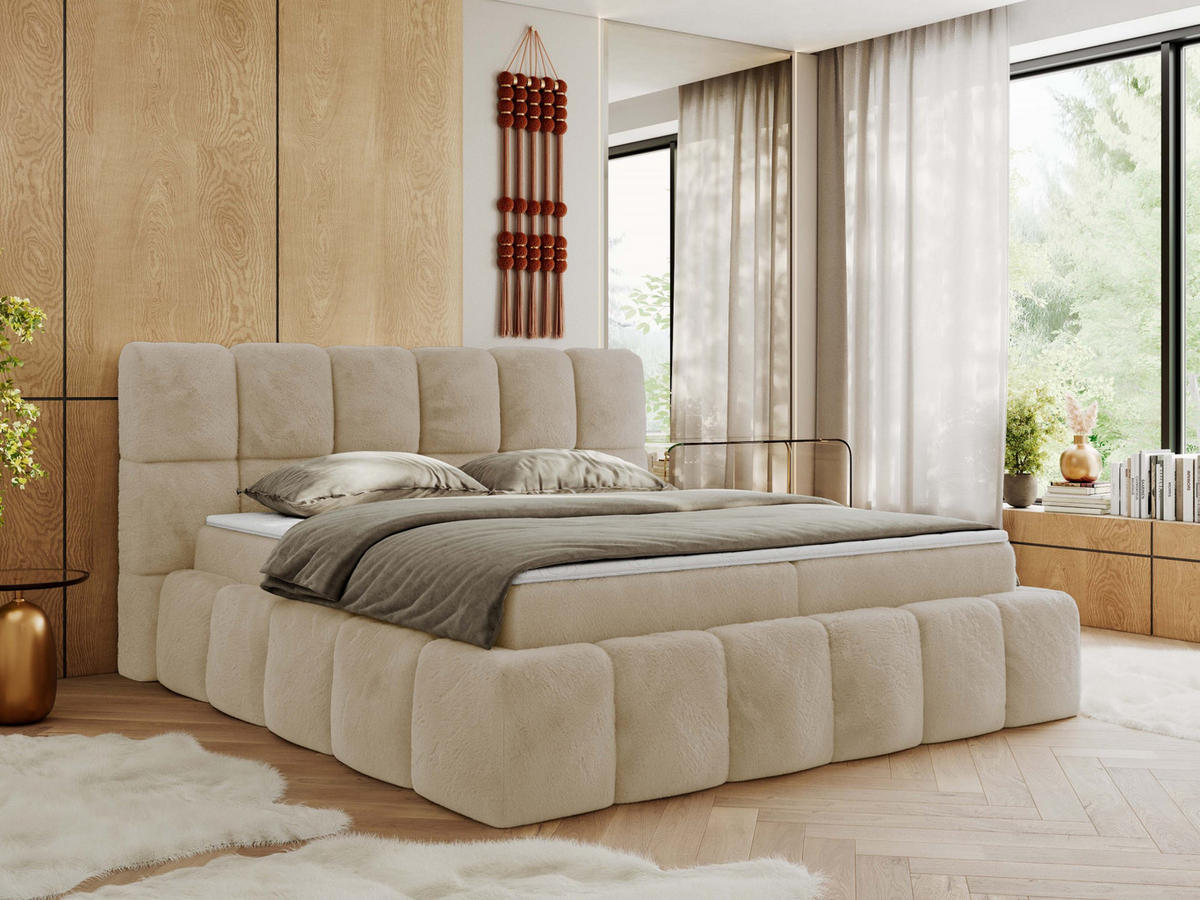 BOXBETT NIRA 200/200 - Creme Plüsch - H3 - Creme, Holz/Textil (200/200cm) - MKS