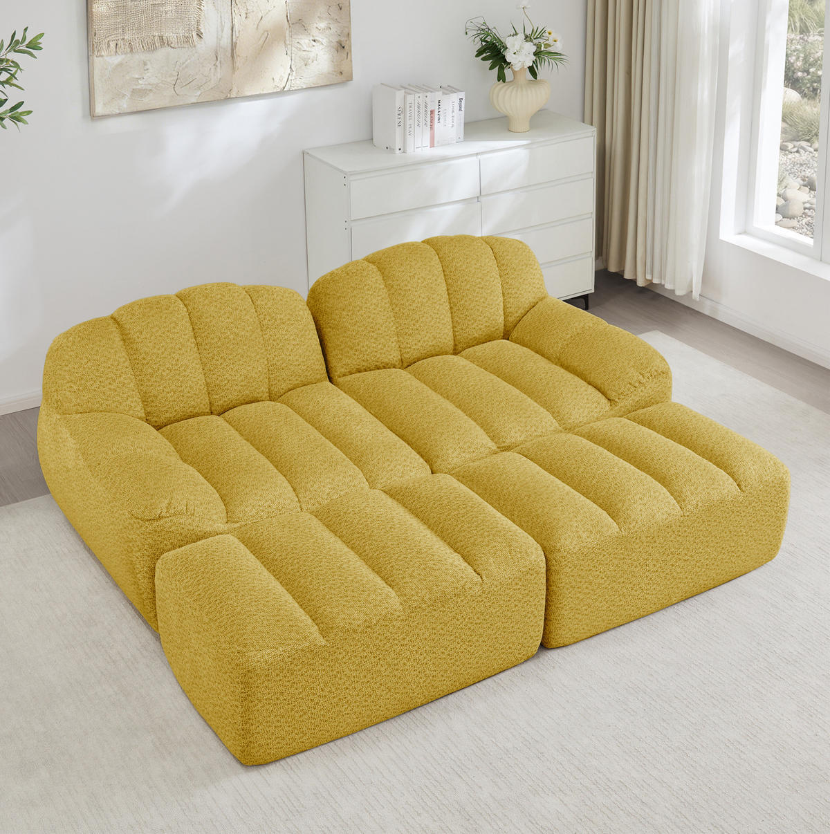 SOFA 210/165/79 cm in Gelb mit Ottomane, modular und ohne Montage - Gelb, Textil (165/79/210cm) - Flora Grace