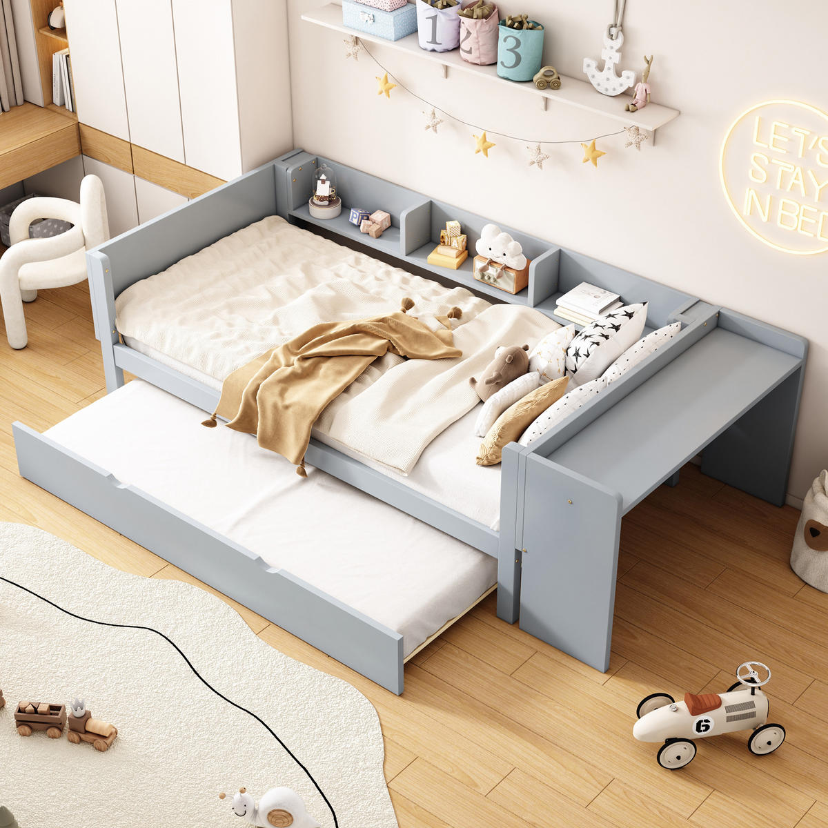 POLSTERBETT 90/200 cm Grau aus Kiefernholz und MDF mit Ausziehbett und Schreibtisch - Grau, Holz (90/200cm) - OKMYHOME