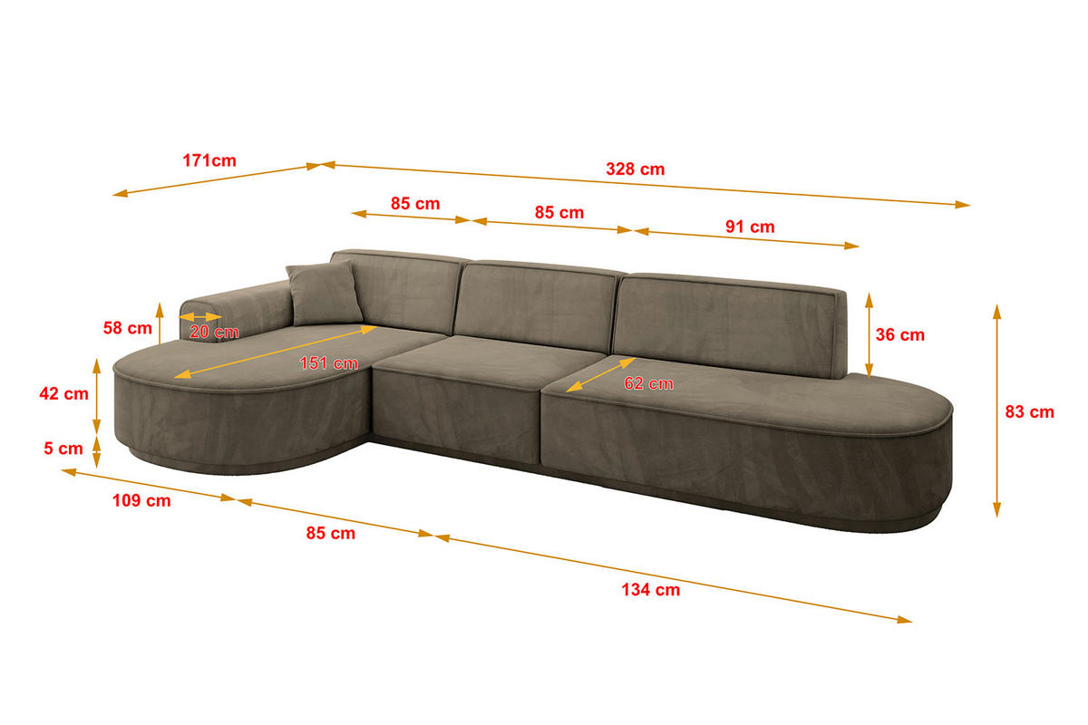 ECKSOFA Ottomane Links MARI-L2-v3 - 328x171x83 cm Dunkelbraun Velours - Dunkelbraun/Schwarz, Holzwerkstoff/Kunststoff (328/171cm) - ALTDECOR