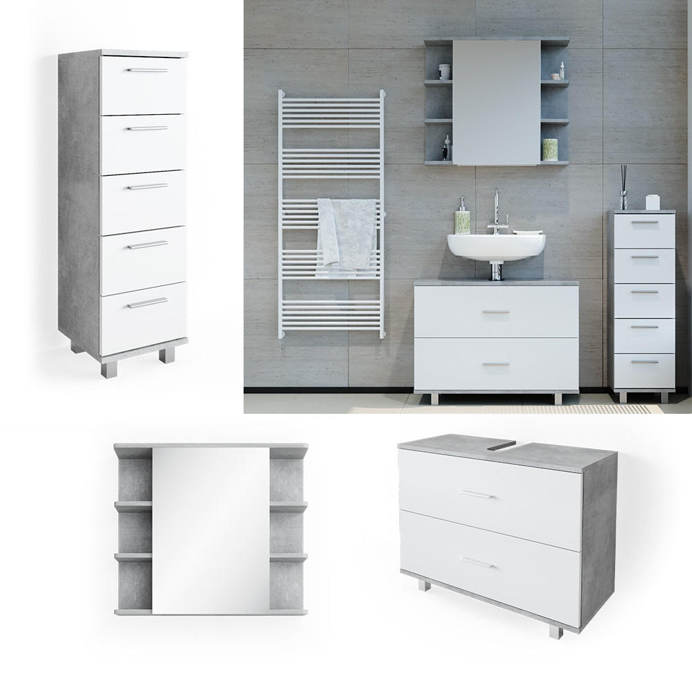 BADMÖBEL-SET Ilias Beton/Weiß 3 Teile, mit Unterschrank 80 cm - Weiß/Grau, Holzwerkstoff (80/60/33cm) - Vicco