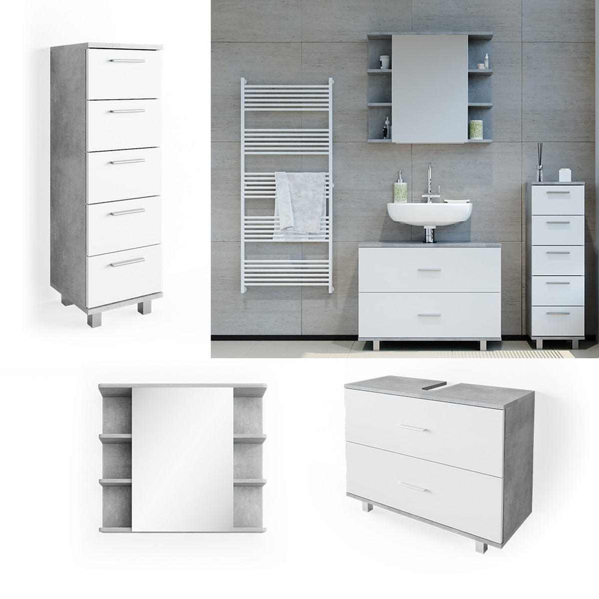 BADMÖBEL-SET Ilias Beton/Weiß 3 Teile, mit Unterschrank 80 cm - Weiß/Grau, Holzwerkstoff (80/60/33cm) - Vicco