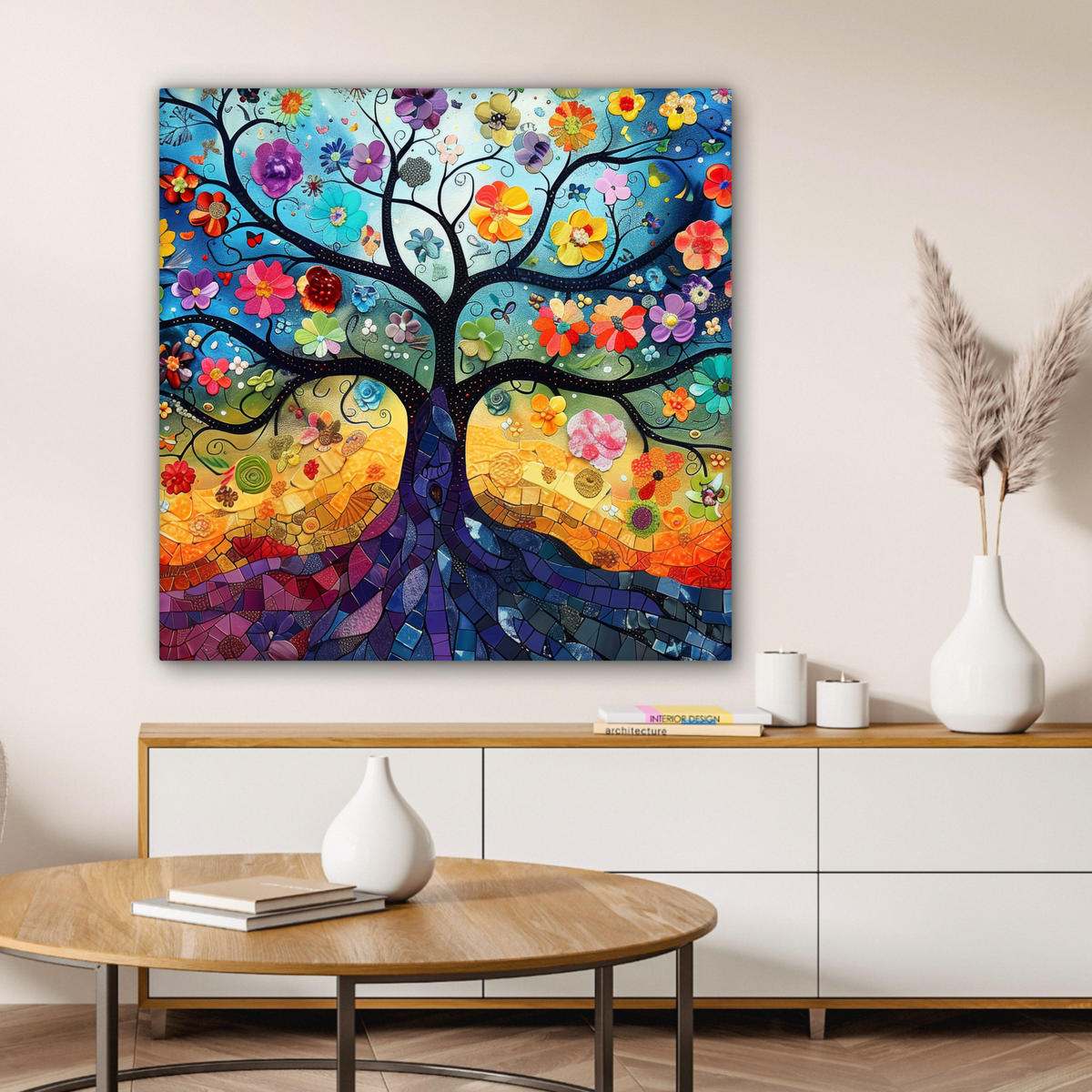 LEINWANDBILD Kunst - Baum des Lebens - Blumen - Hippie 90x90 cm - Dunkelblau, Textil (90/90cm) - MuchoWow