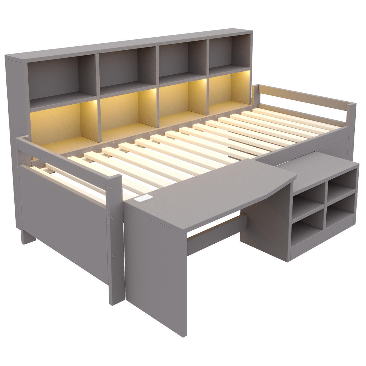 KINDERBETT 90x200cm Massivholz LED Schreibtisch Stauraum Grau - Grau, Holz (90/200cm) - FLIEKS