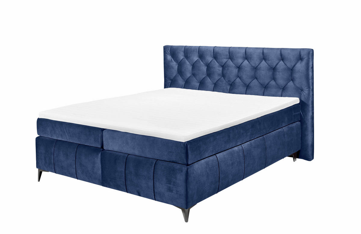 BOXSPRINGBETT 180 x 200 cm – 7‑Zonen-Tonnentaschen-Federkernmatratze, HR‑30 Topper, Samtoptik - Blau/Anthrazit, Kunststoff/Textil (180/200cm) - ed exciting design