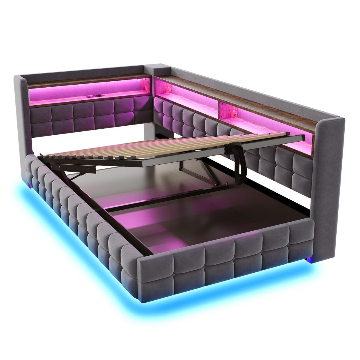 SCHLAFSOFA 90/200 cm in Grau Samt mit Bettkasten, Regal, LED und USB - Dunkelgrau, Holzwerkstoff/Textil (90/200cm) - WISHDOR
