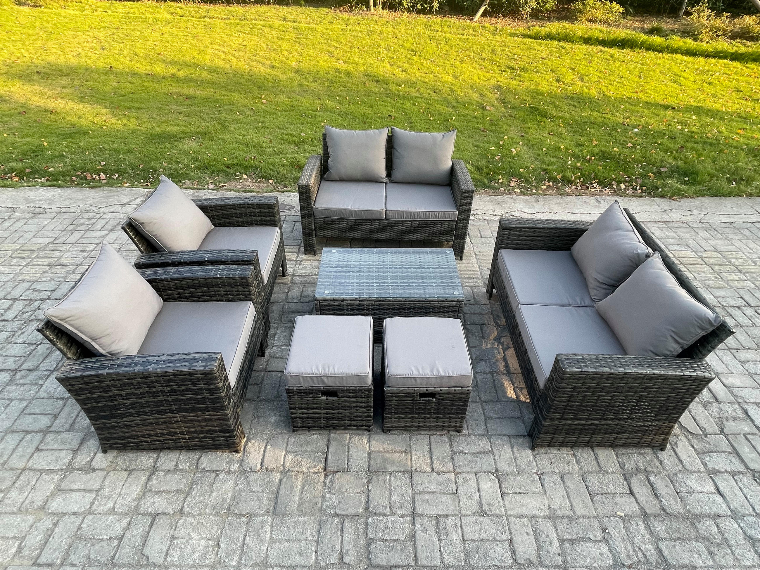 GARTENSOFA Hohe Rückenlehne Polyrattan Dunkelgrau 8-Sitzer - Dunkelgrau, Metall - Fimous