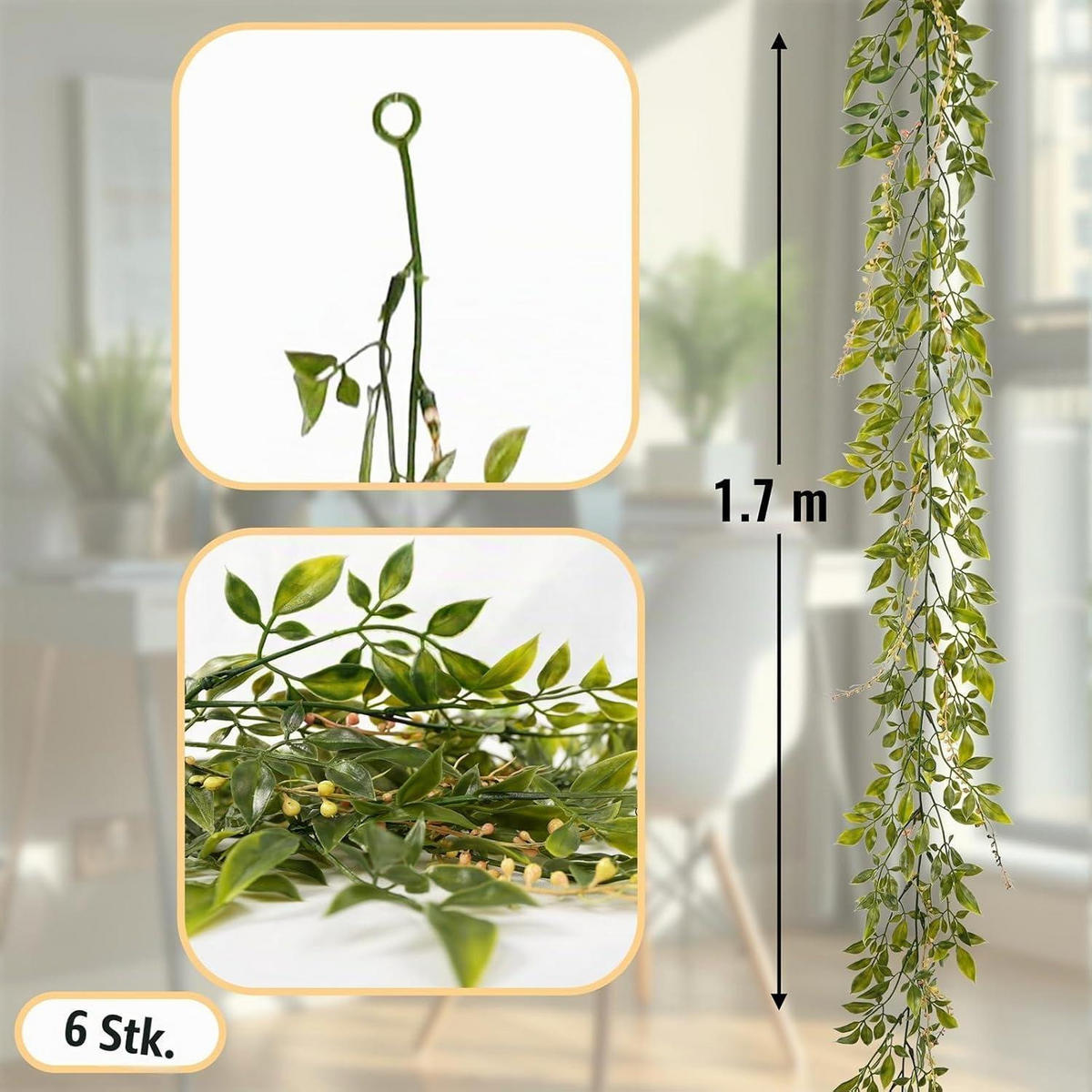 GIRLANDE 6-teiliges Set 1,7 m Kunstpflanze Efeu Grün - Grün, Kunststoff (10cm)