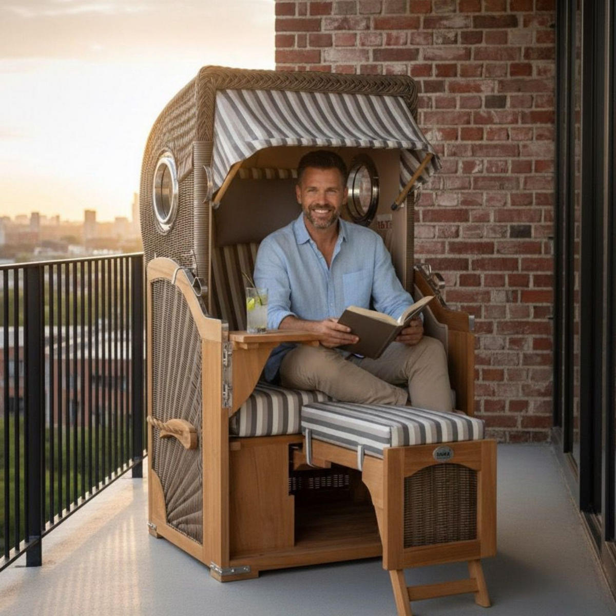 STRANDKORB Düne Single Teak 1-Sitzer - Braun/Grau, Holz/Textil (96/165/80cm) - Mr. Deko