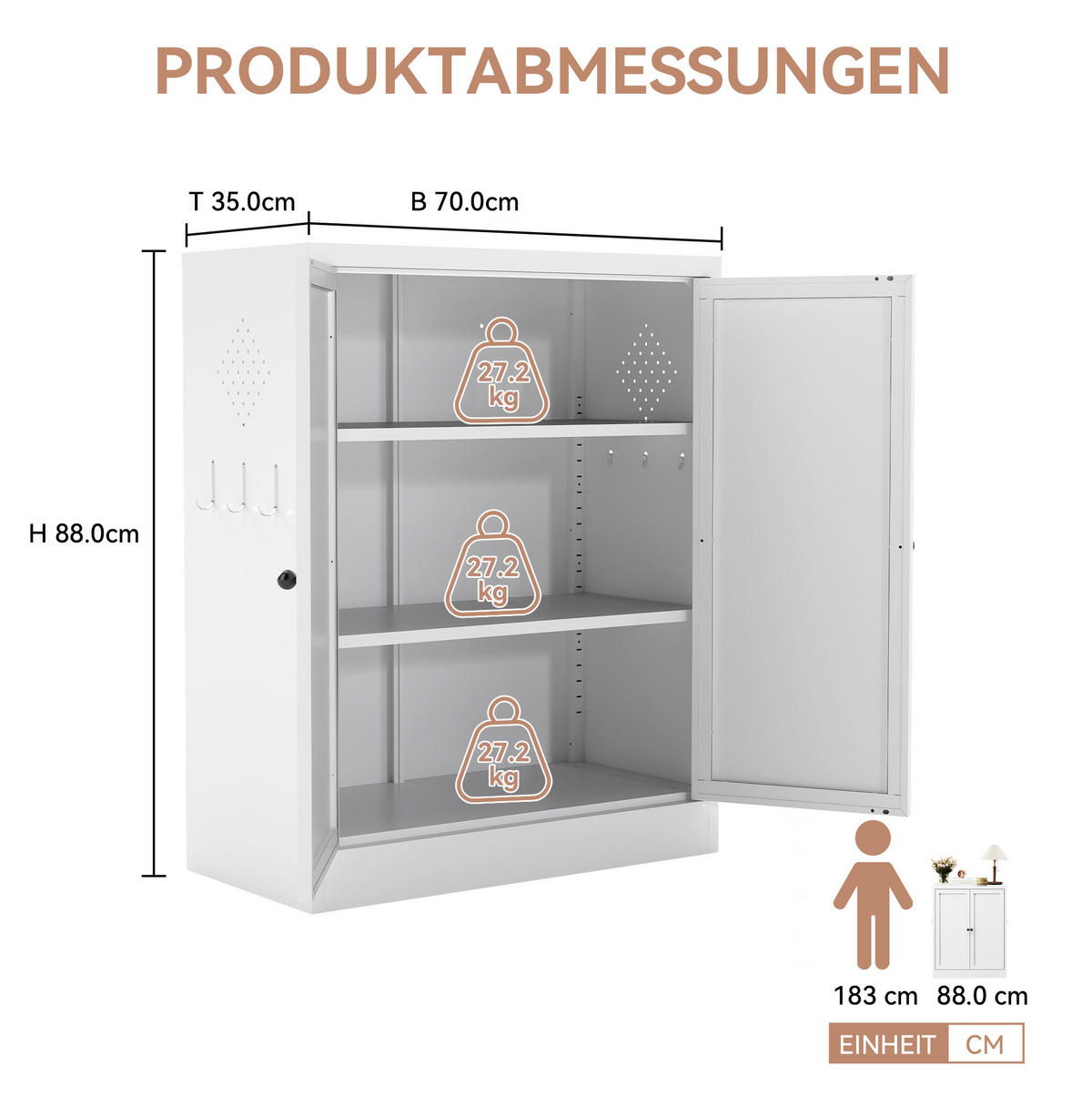 SIDEBOARD 35/70/88 cm aus Metall mit 2 verstellbaren Einlegeböden und Außenhaken, Weiß - Weiß, Metall (70/88/35cm) - Redom