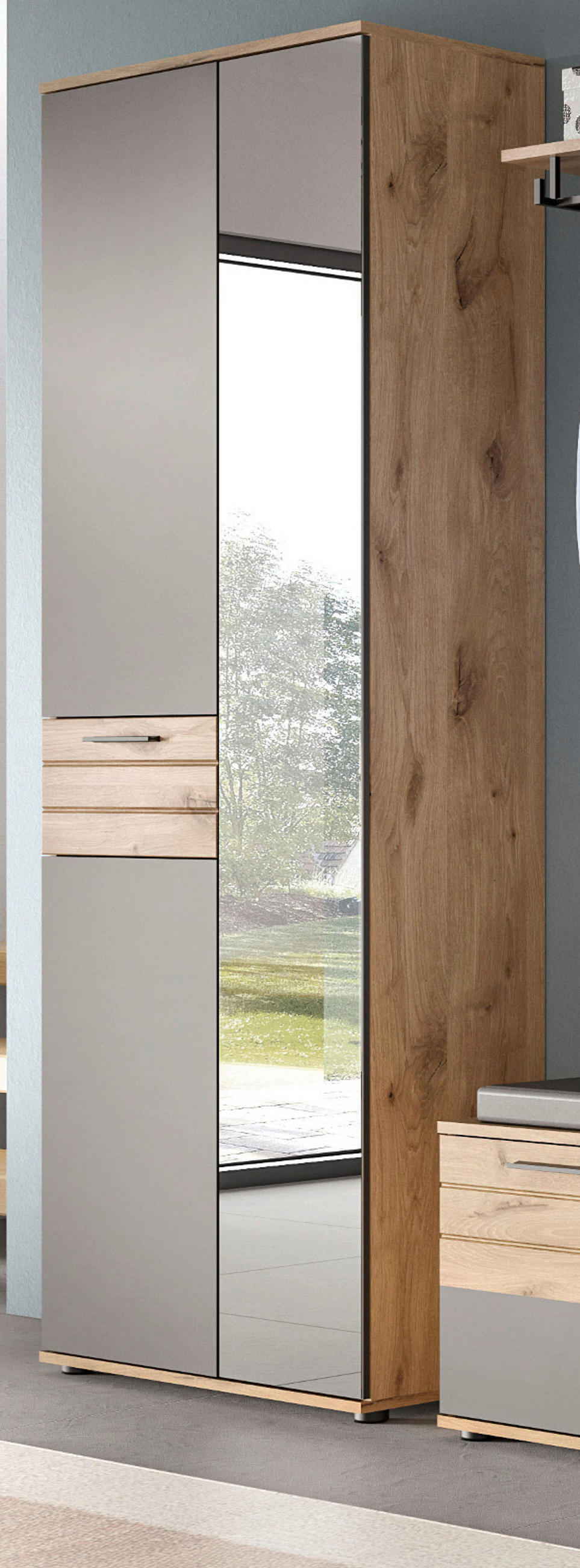 GARDEROBENSCHRANK Eiche, grau 70/200 cm mit Spiegel - Eichefarben/Schwarz, Glas/Holzwerkstoff (70/200/37cm) - Inn.Furn